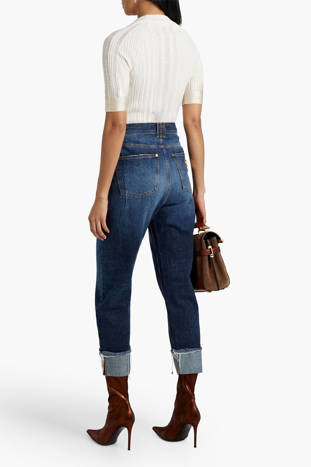 BALMAIN Button-embellished metallic ribbed silk, wool and cashmere-blend top
