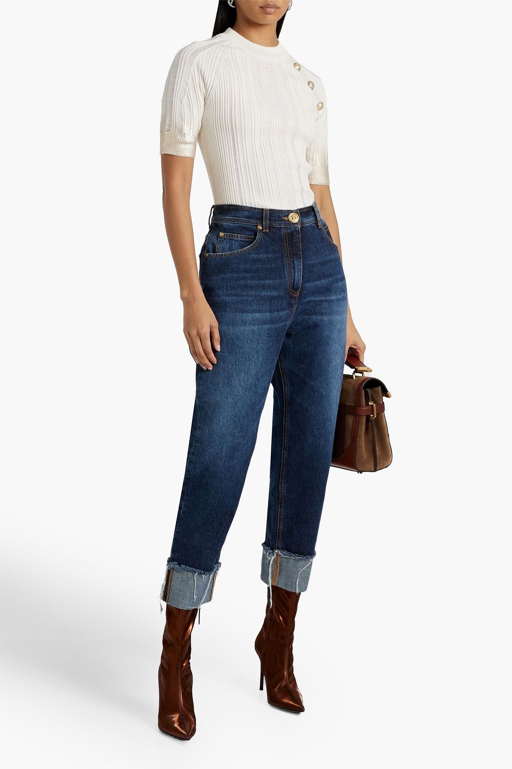 BALMAIN Button-embellished metallic ribbed silk, wool and cashmere-blend top
