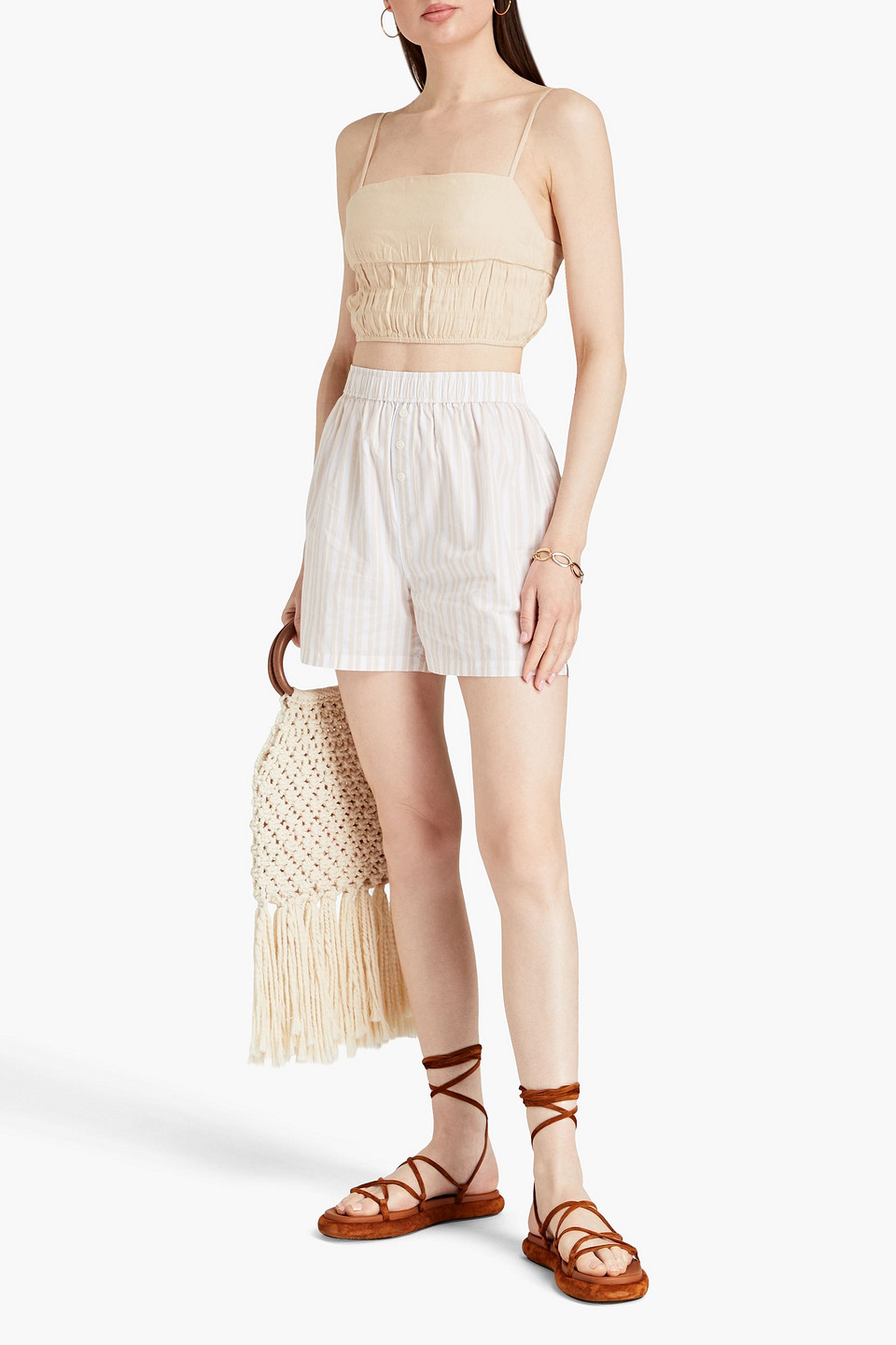 Shop Onia Air Cropped Shirred Linen-blend Tank In Sand