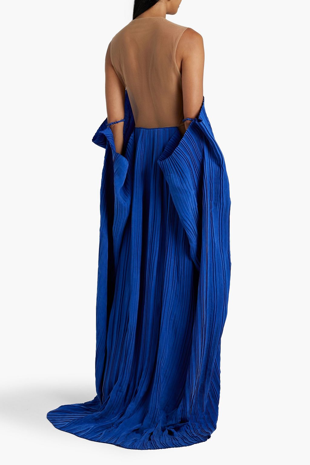 BALMAIN Tulle-paneled pleated cupro gown