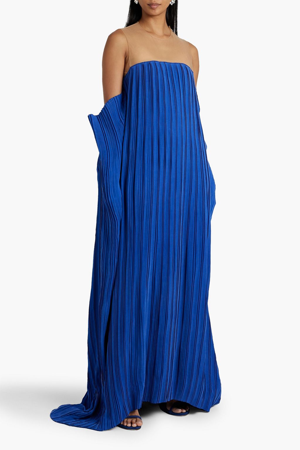 BALMAIN Tulle-paneled pleated cupro gown
