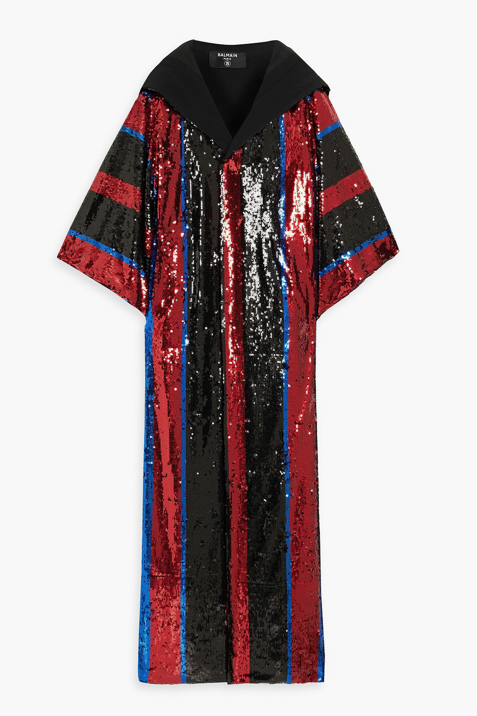 Balmain Striped Sequined Tulle Hooded Kimono In Crimson