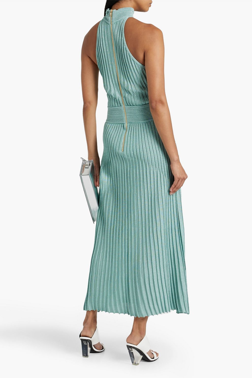 BALMAIN Metallic ribbed-knit turtleneck maxi dress