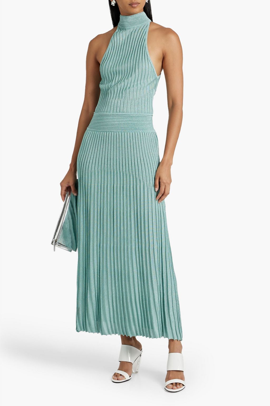 BALMAIN Metallic ribbed-knit turtleneck maxi dress