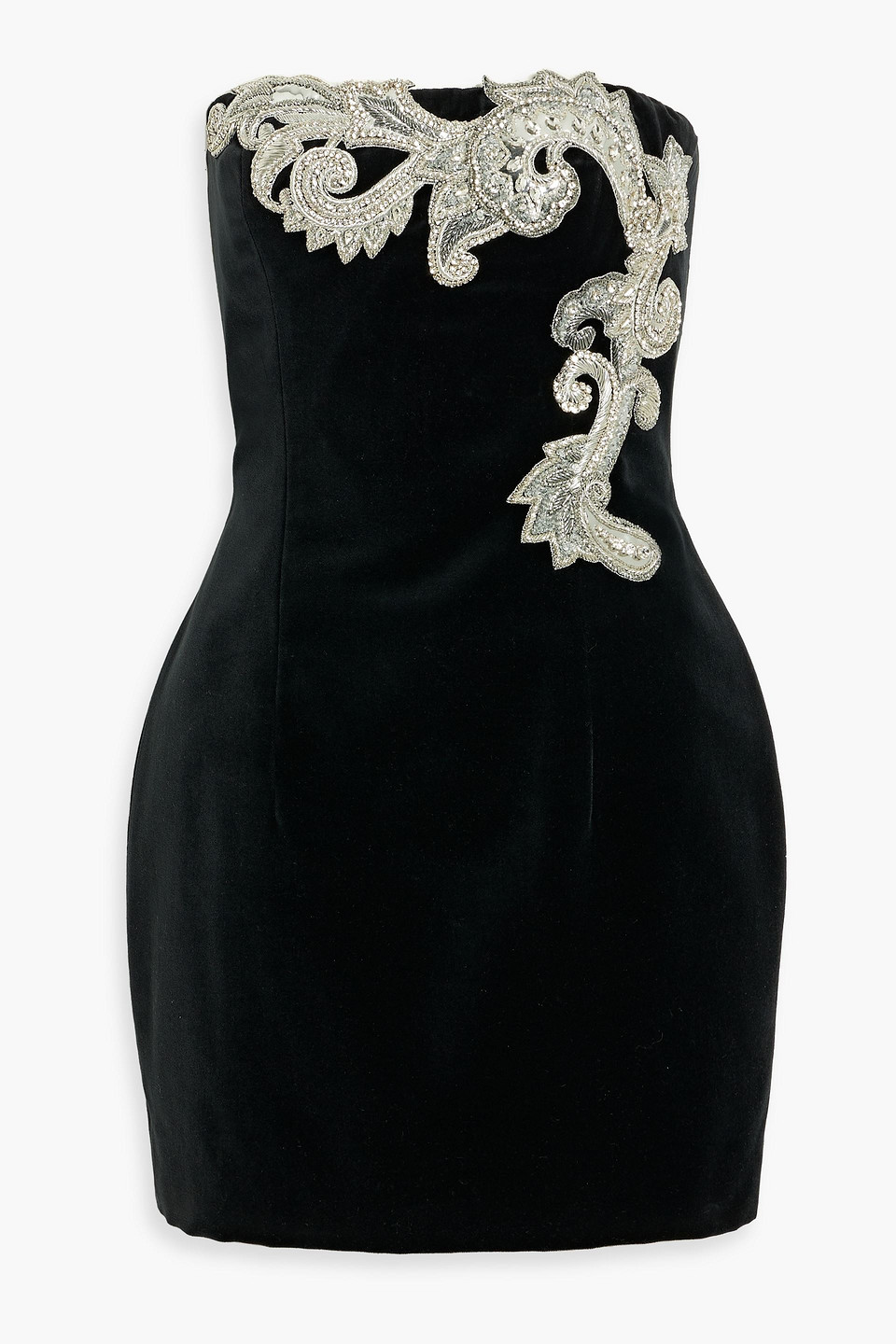 Balmain Strapless Embellished Cotton-velvet Mini Dress In Black