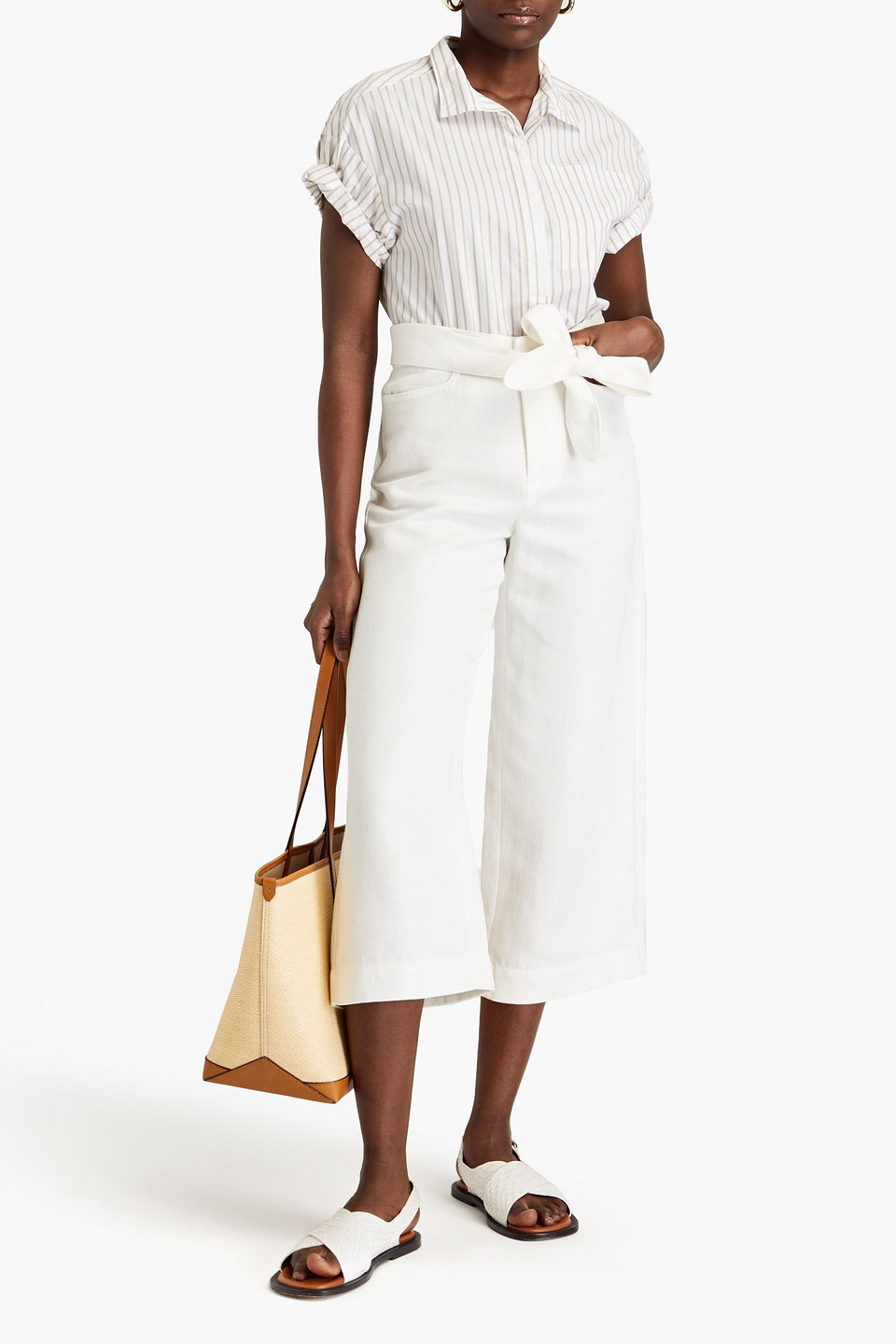 Shop Vince Cotton And Linen-blend Chambray Culottes In White