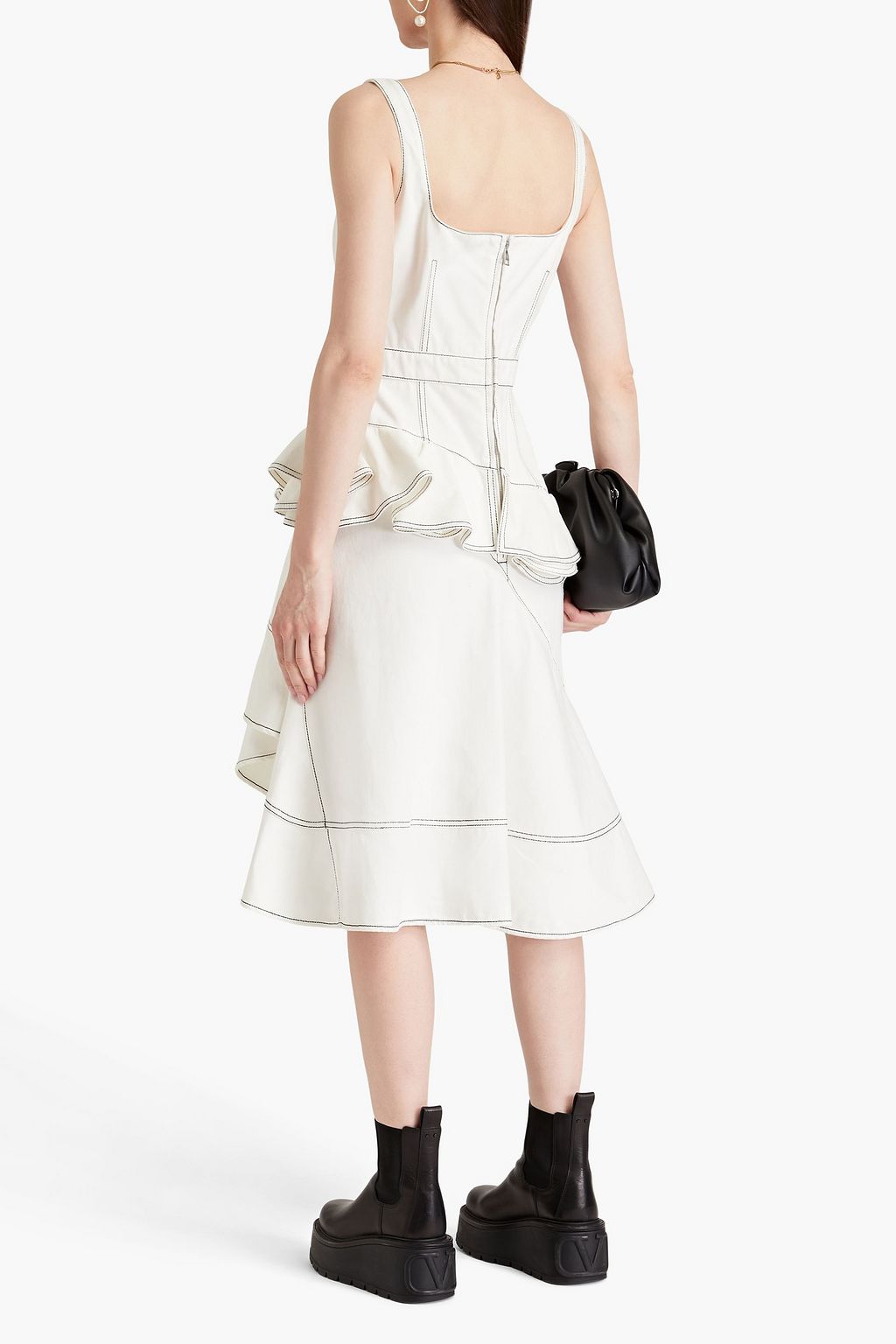 MCQUEEN Ruffled topstitched denim dress