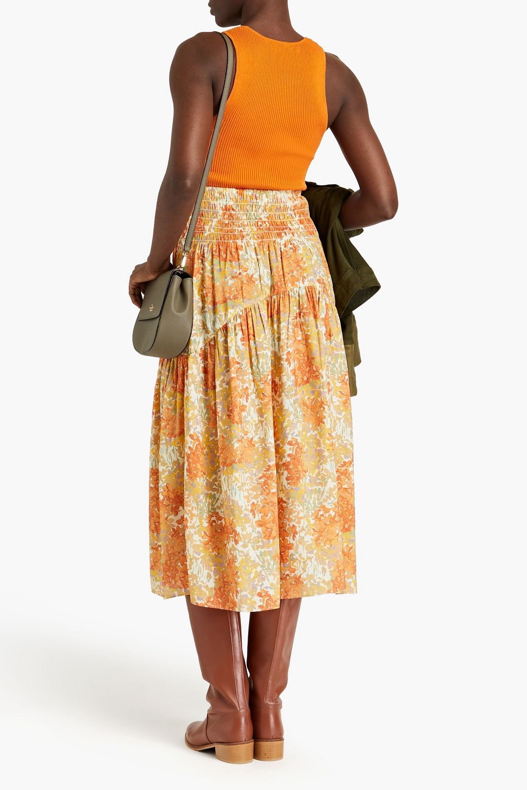 VINCE. Shirred floral-print gauze midi skirt