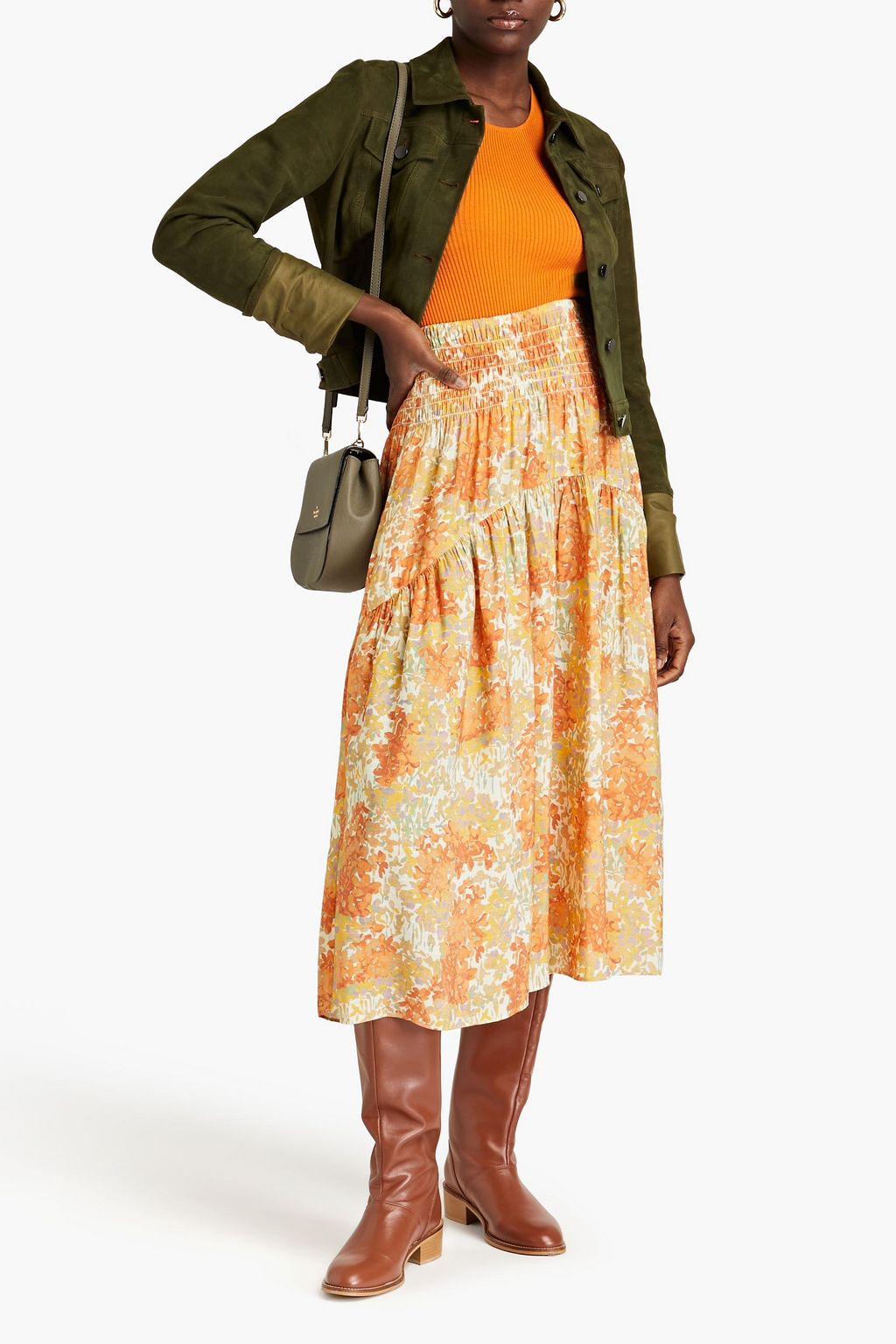 VINCE. Shirred floral-print gauze midi skirt