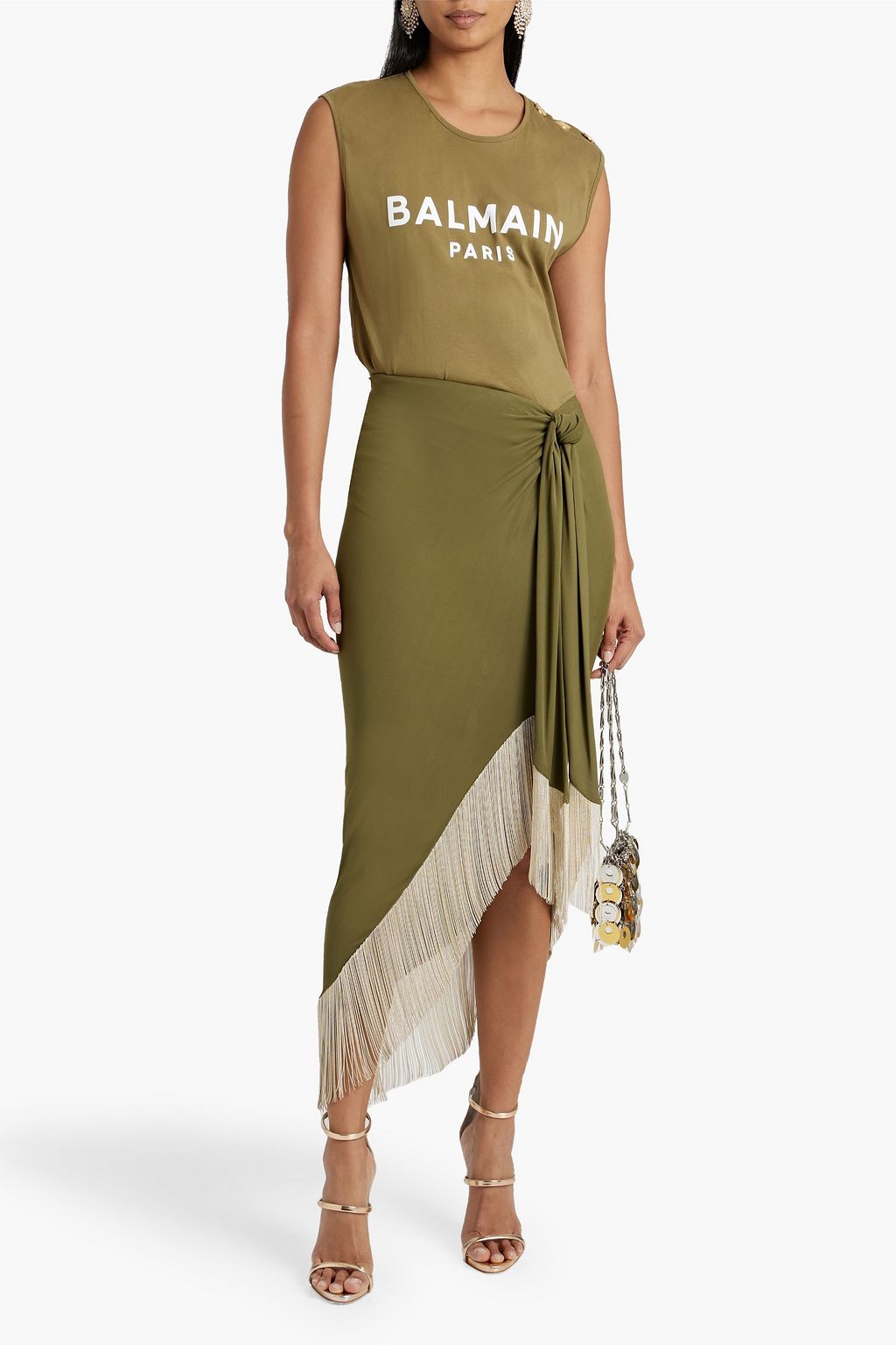BALMAIN Fringed knotted crepe midi skirt