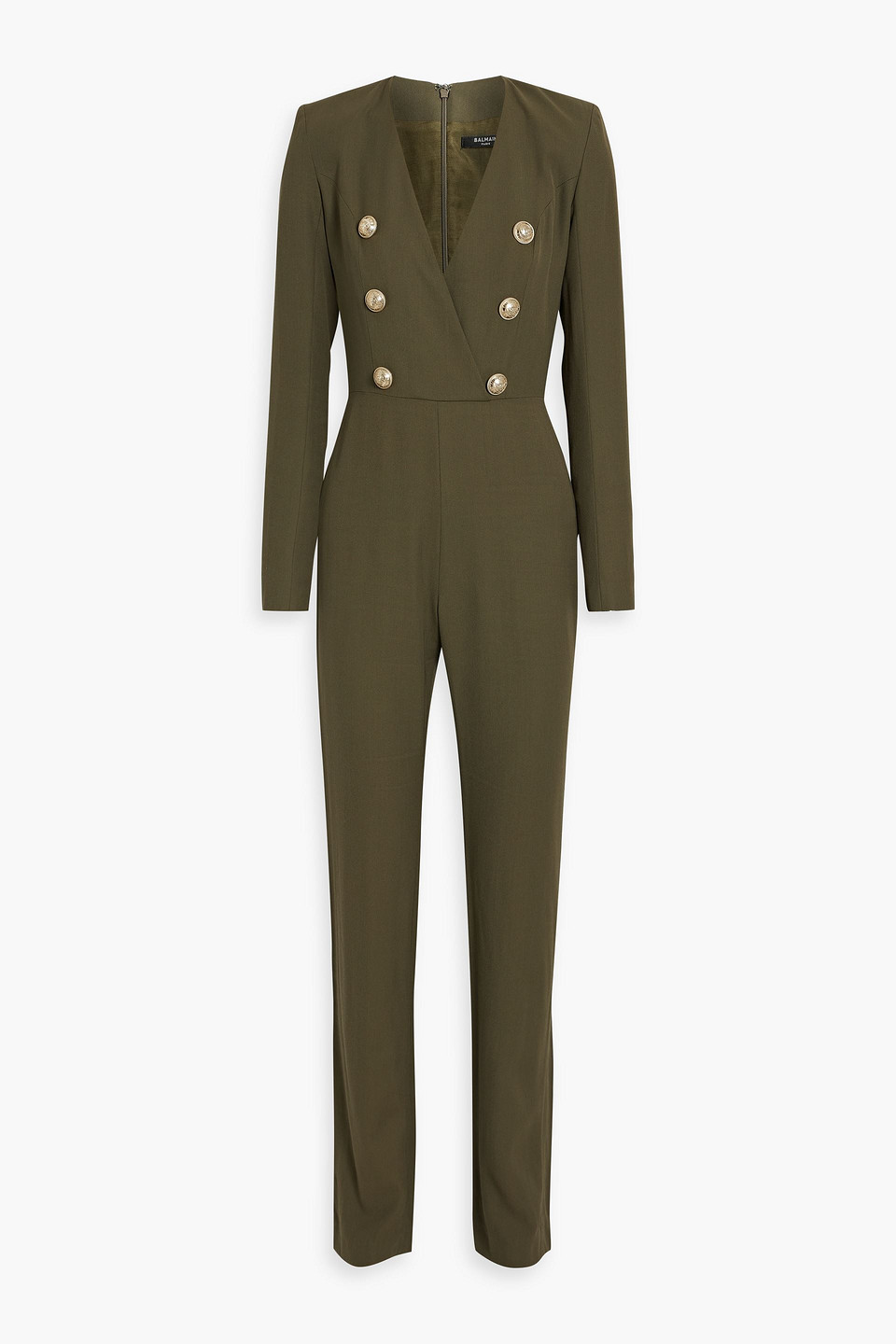 Balmain Wrap-effect Button-embellished Twill Jumpsuit In Army Green