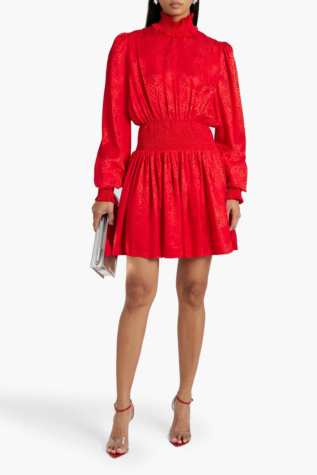 BALMAIN Shirred leopard-print silk-satin jacquard mini dress