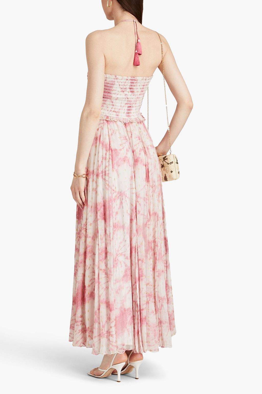 ROCOCO SAND Shirred printed fil coupé crepon halterneck maxi dress