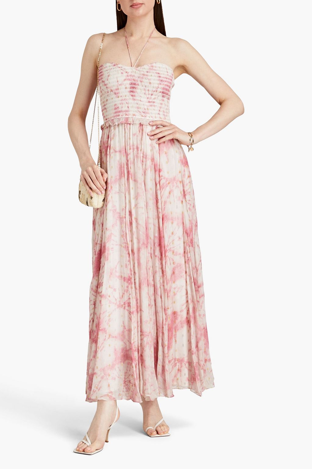 ROCOCO SAND Shirred printed fil coupé crepon halterneck maxi dress