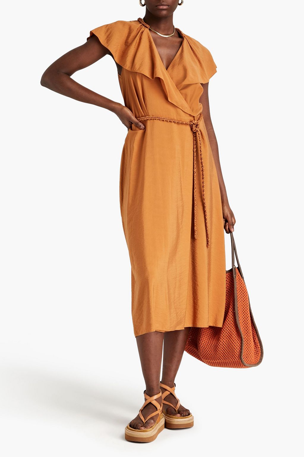 VINCE. Ruffled woven midi wrap dress