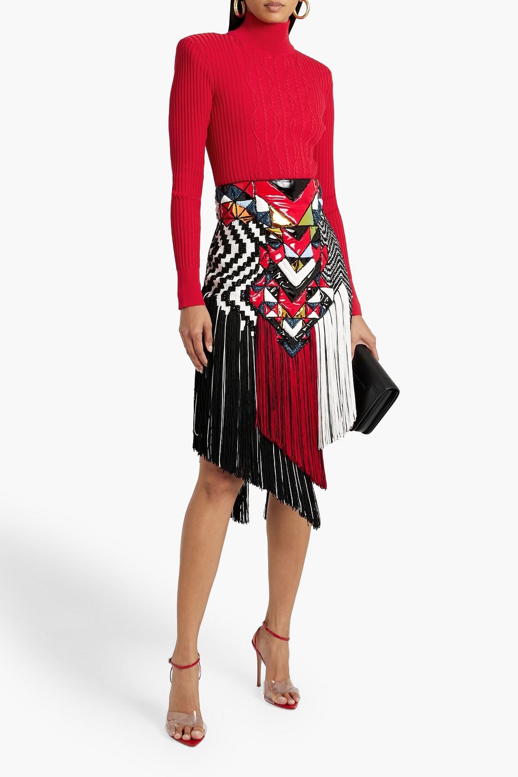 BALMAIN Cable-knit silk, wool and cashmere-blend turtleneck sweater