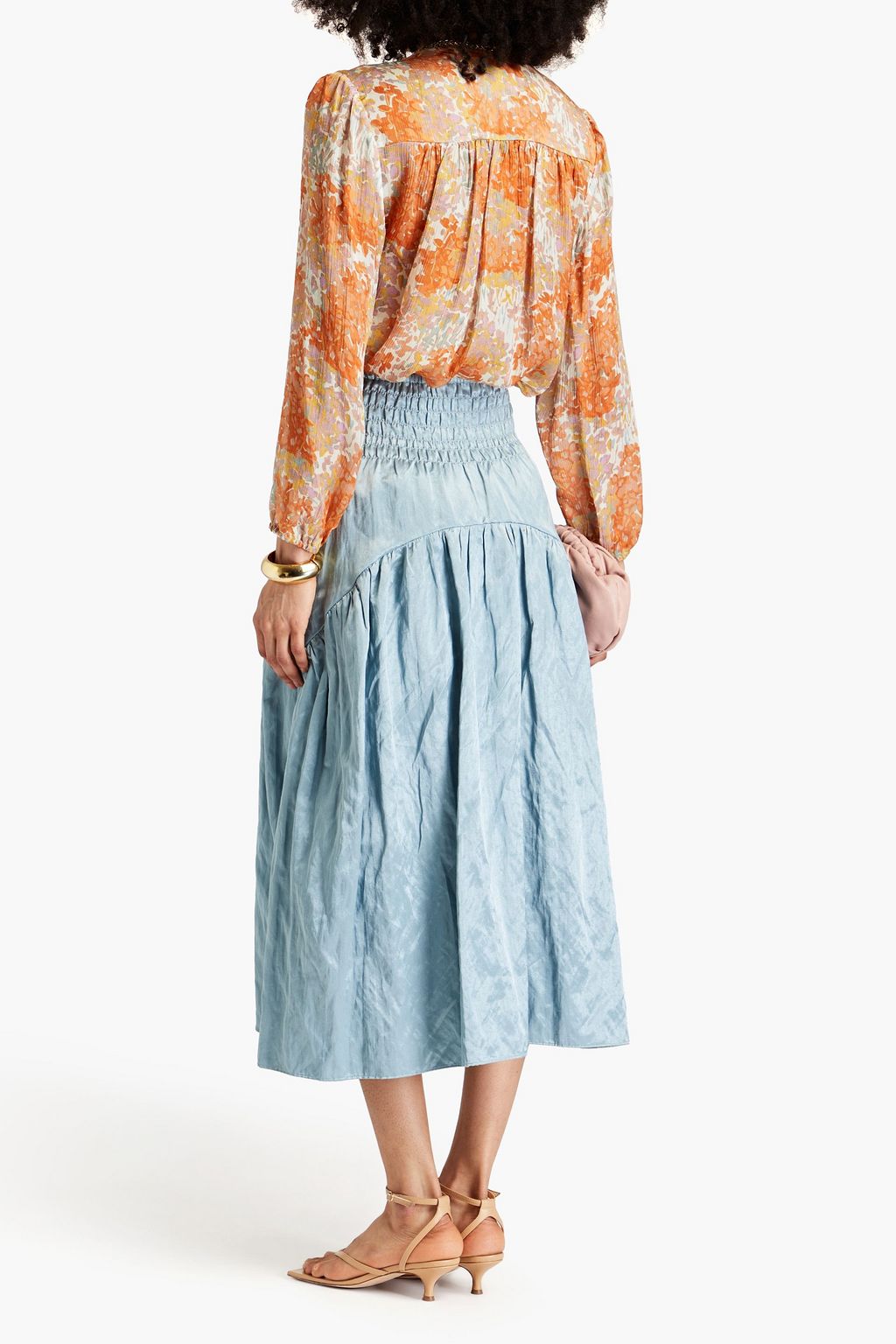 VINCE. Shirred gathered cotton-blend satin midi skirt