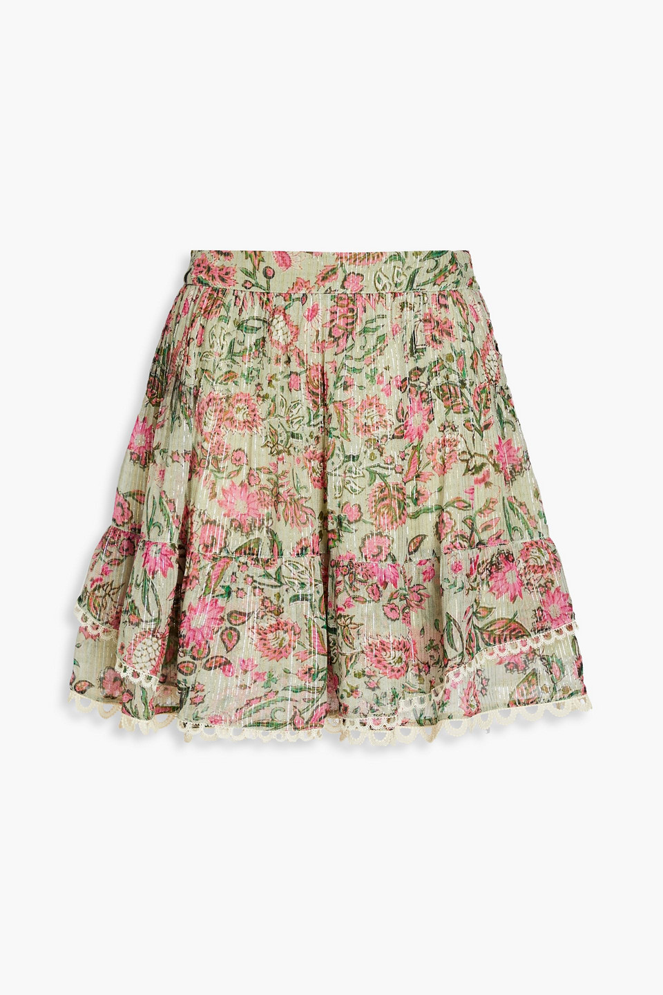 Hemant & Nandita Metallic Floral-print Georgette Mini Skirt In Green