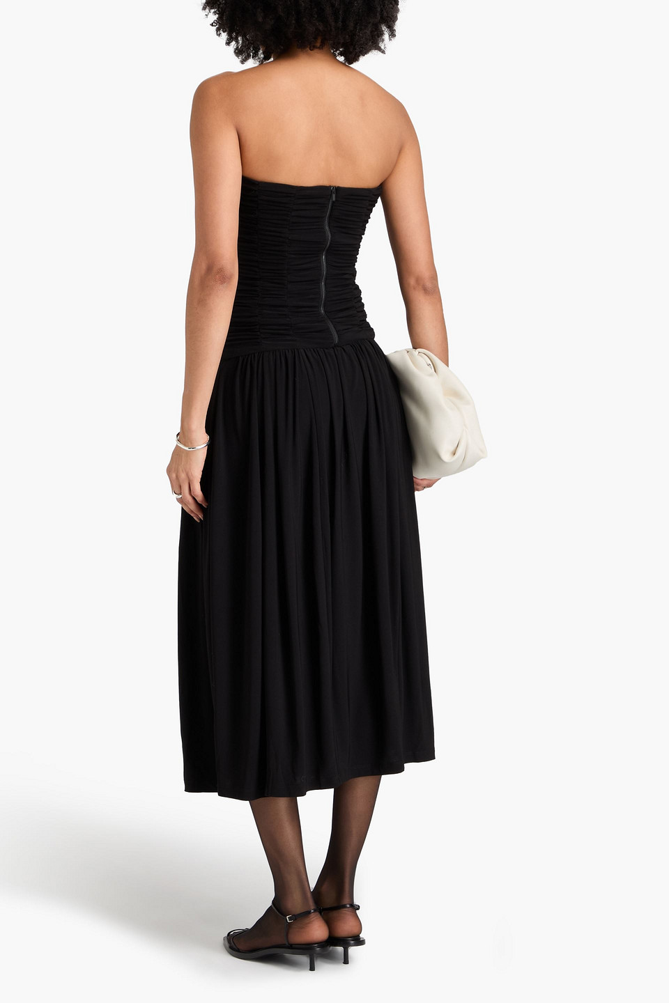 TIBI STRAPLESS RUCHED JERSEY MIDI DRESS