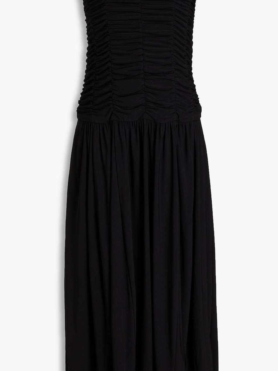 strapless ruched jersey midi dress