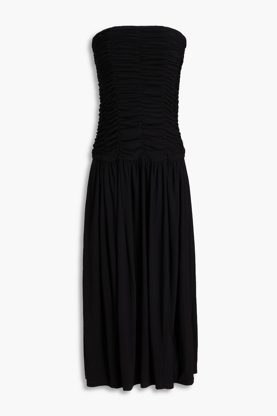 Tibi Strapless Ruched Jersey Midi Dress In Black