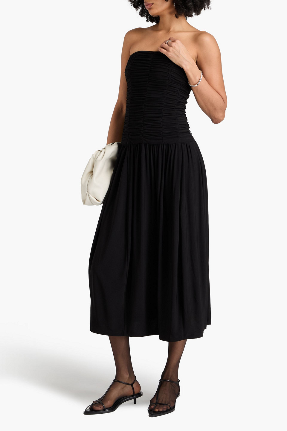 TIBI STRAPLESS RUCHED JERSEY MIDI DRESS