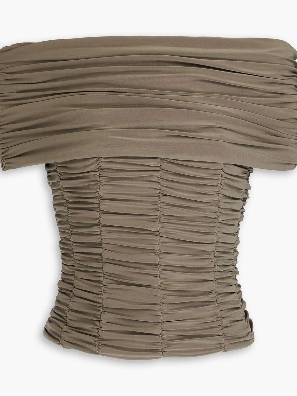 off-the-shoulder convertible ruched jersey top