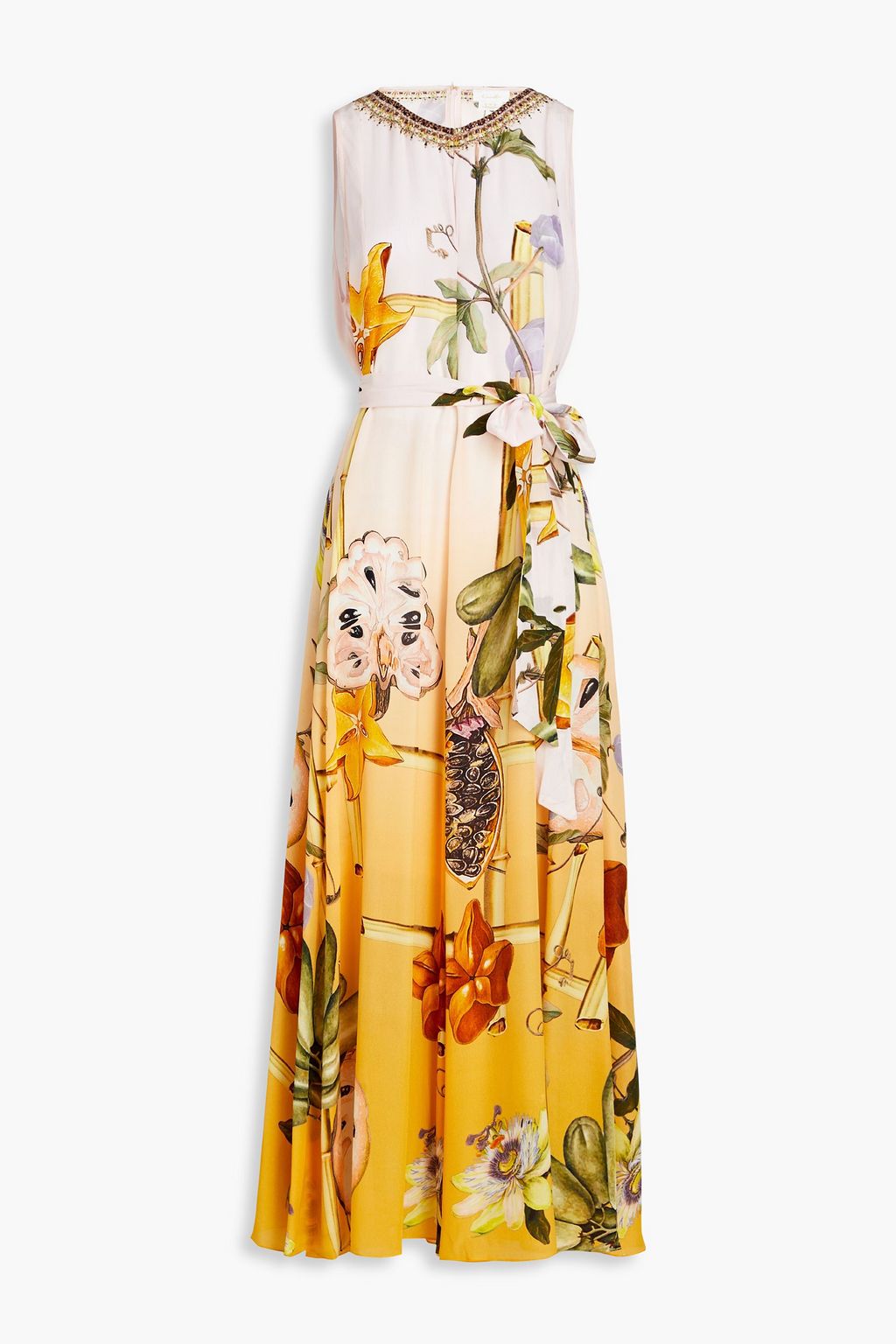 Embellished printed silk crepe de chine wide leg jumpsuit
