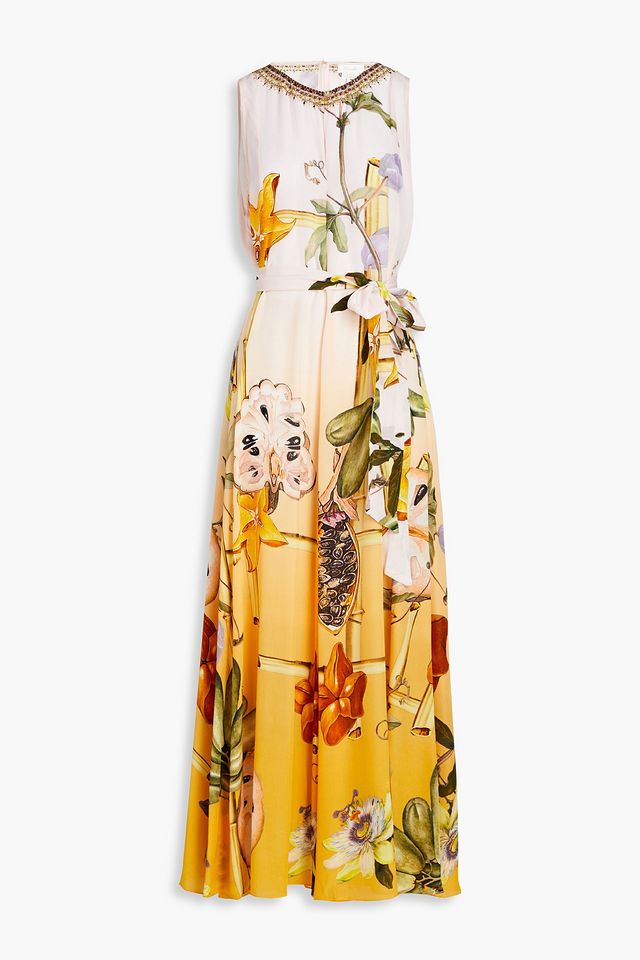 Embellished printed silk crepe de chine wide-leg jumpsuit