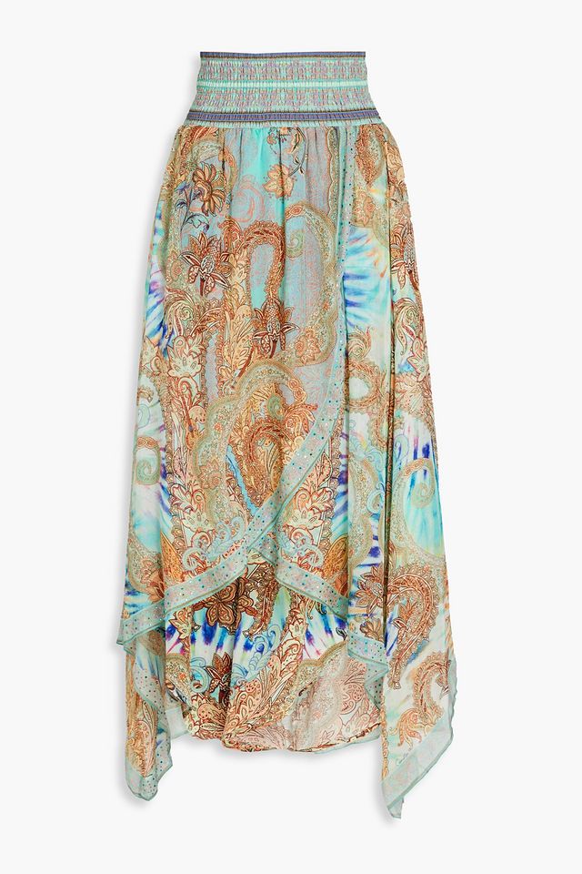 Layered embellished printed silk-chiffon midi skirt