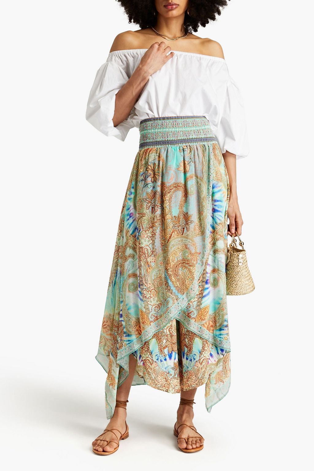 CAMILLA Layered embellished printed silk-chiffon midi skirt