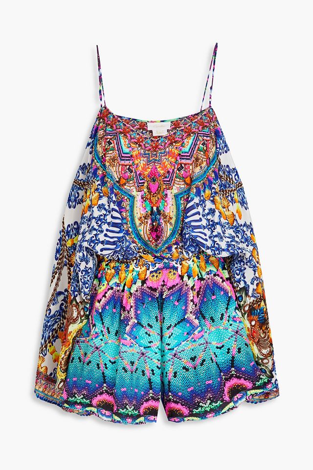 Cold-shoulder embellished printed silk crepe de chine playsuit