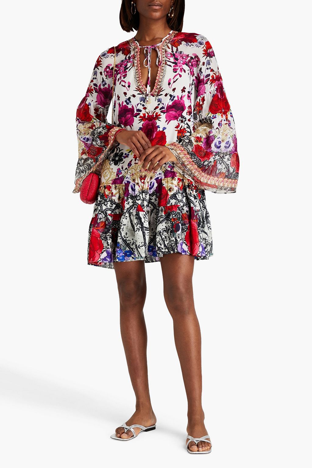 CAMILLA Crystal-embellished floral-print silk crepe de chine mini dress