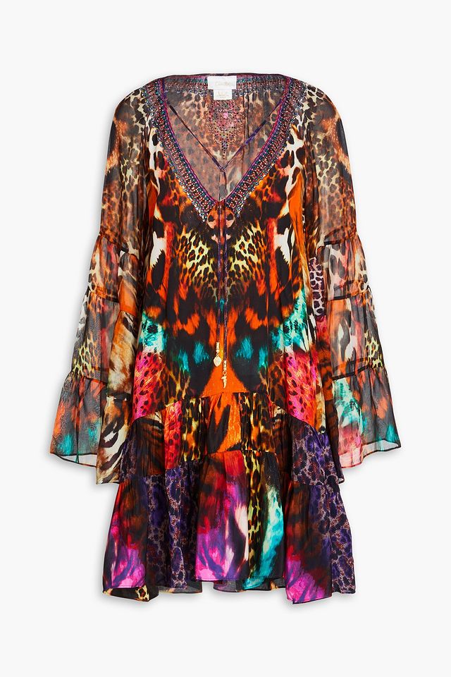 Embellished printed silk-chiffon mini dress