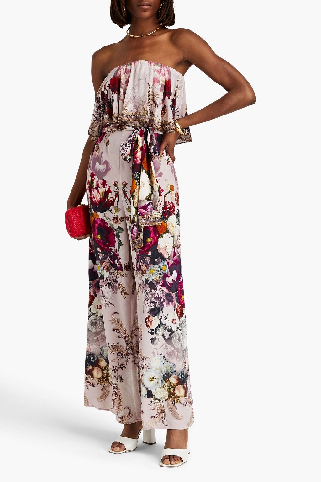CAMILLA Strapless printed silk crepe de chine wide-leg jumpsuit