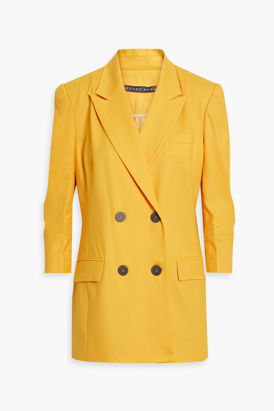 Shop Zeynep Arcay Double-breasted Pleated Wool-blend Blazer In Saffron