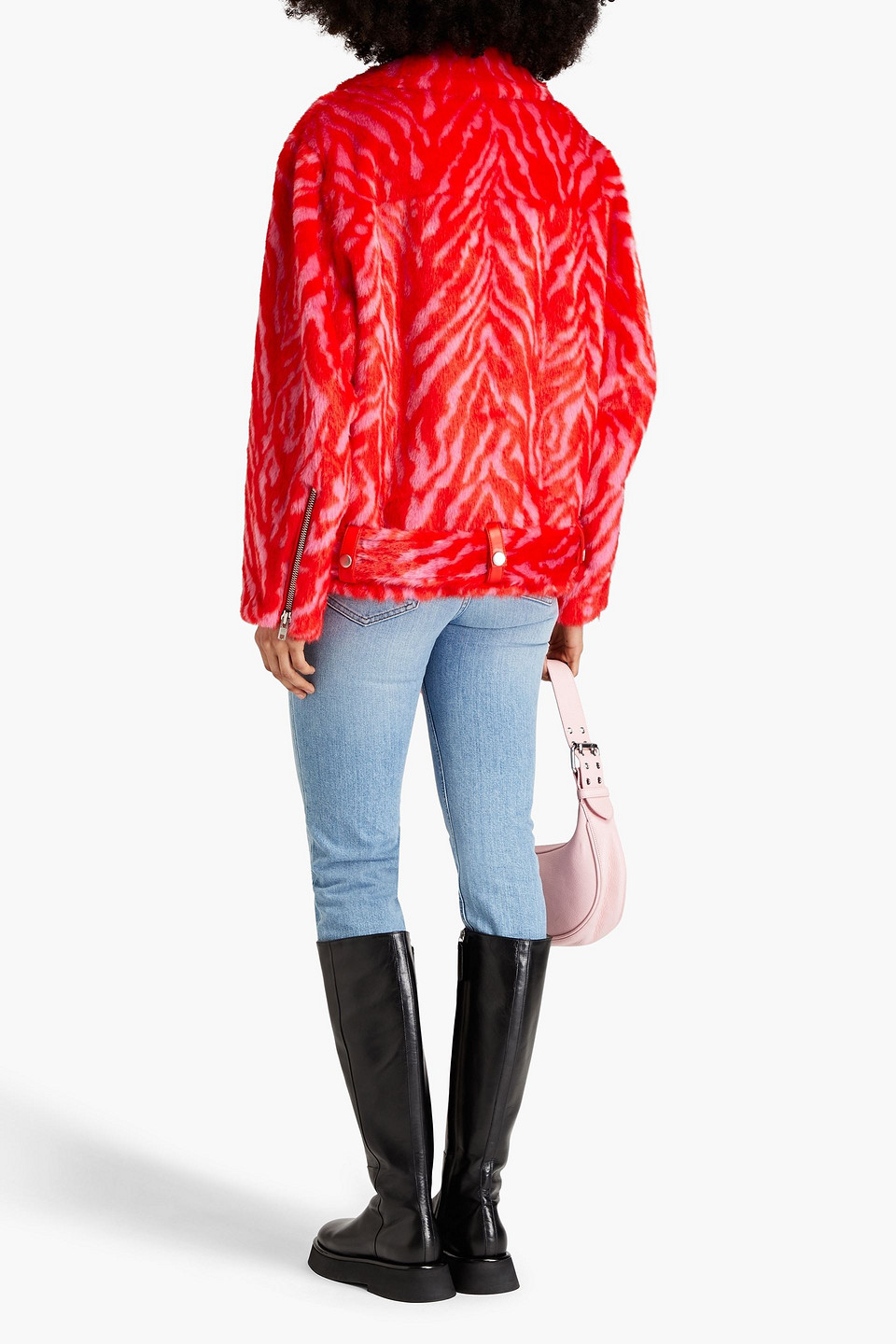 Shop Stand Studio Leana Zebra-print Faux Fur Biker Jacket In Red