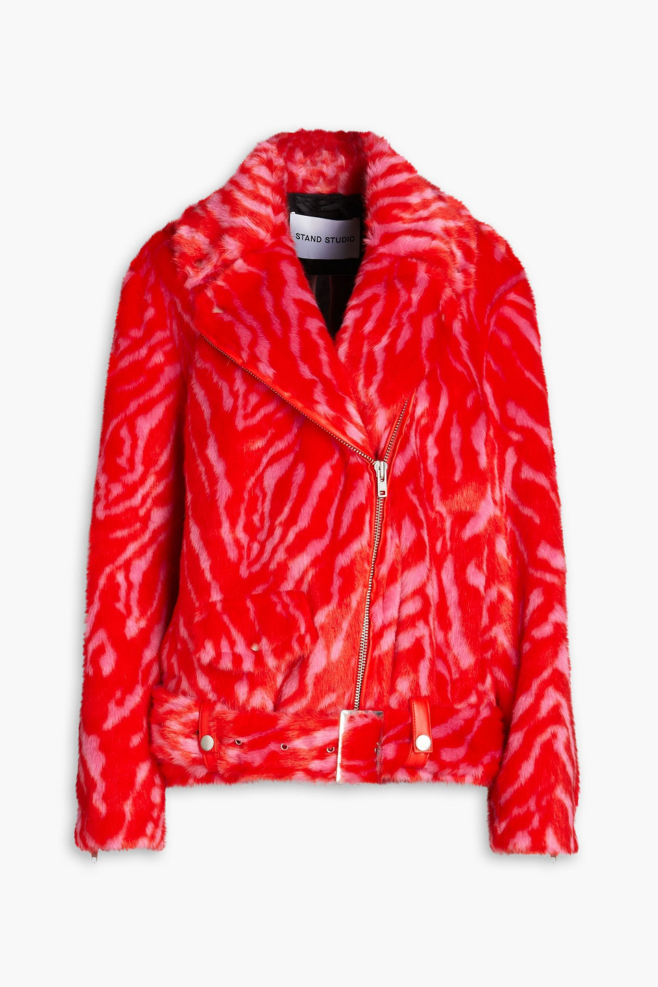 Stand Studio Leana Zebra-print Faux Fur Biker Jacket In Red