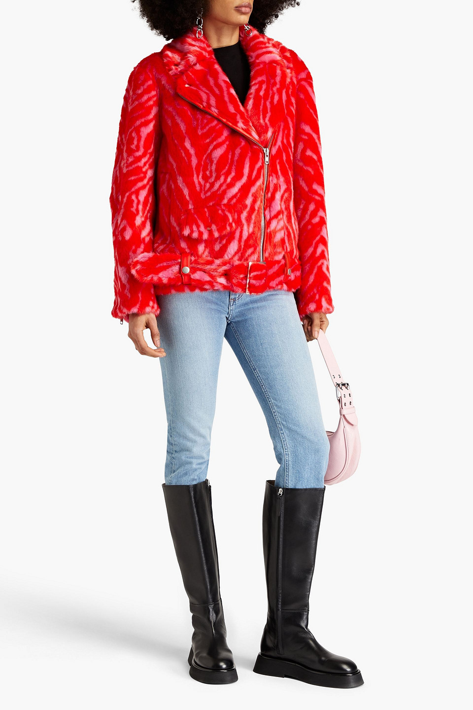 STAND STUDIO LEANA ZEBRA-PRINT FAUX FUR BIKER JACKET