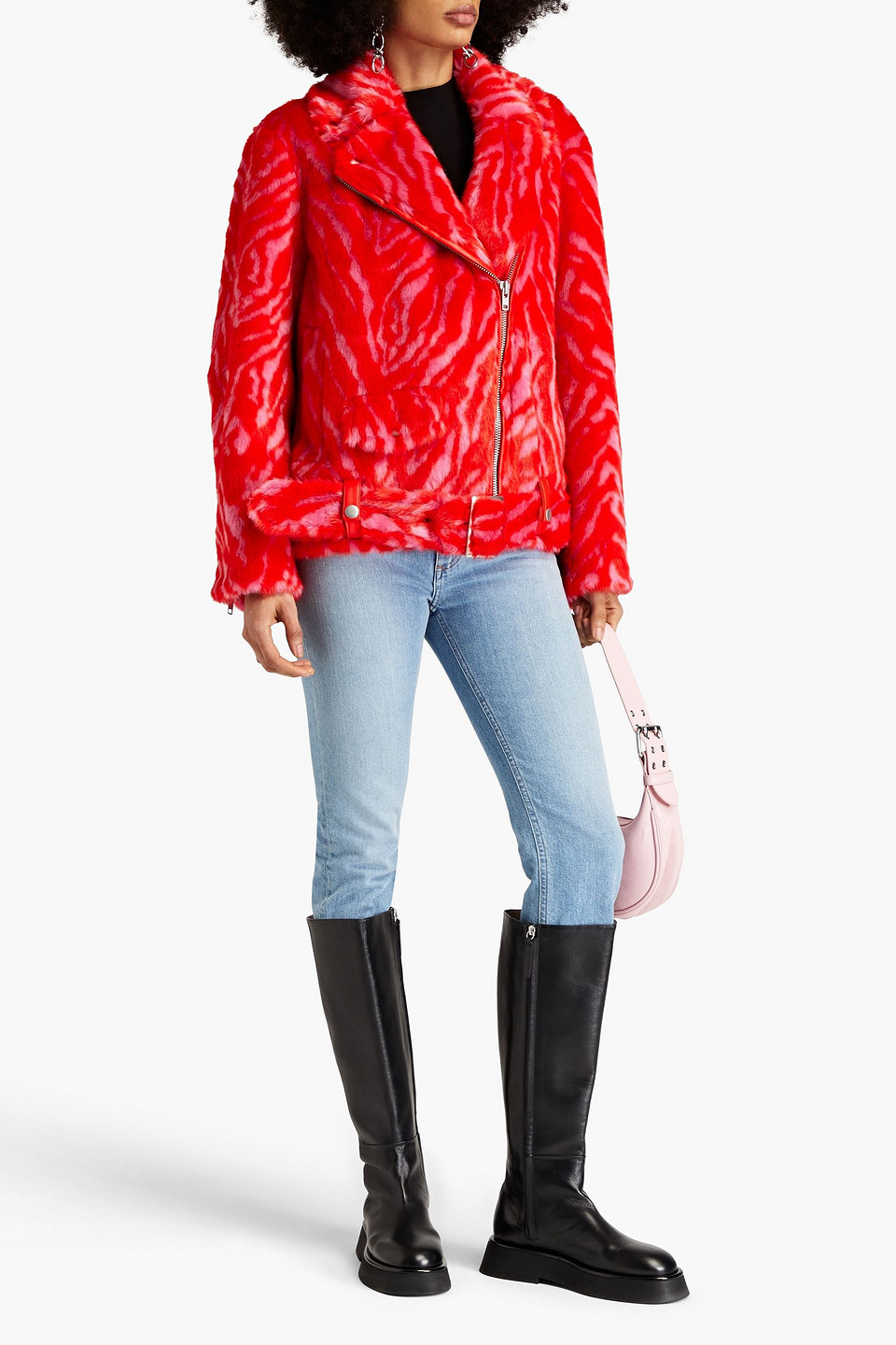 Shop Stand Studio Leana Zebra-print Faux Fur Biker Jacket In Red