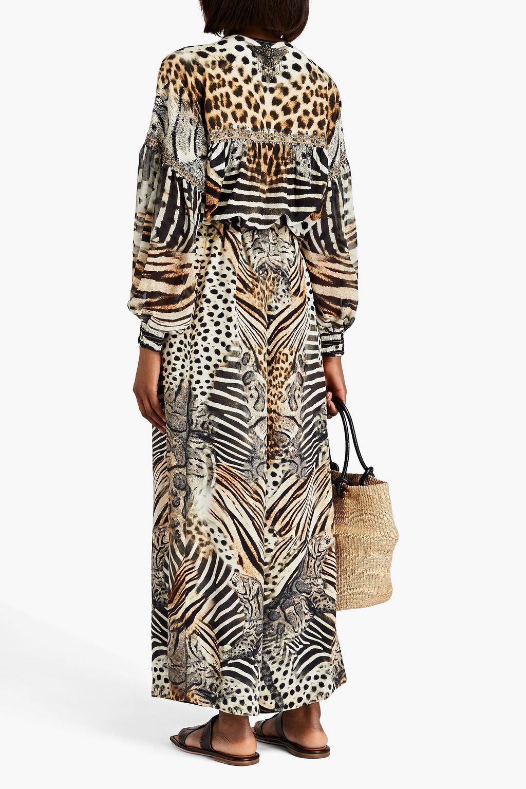 CAMILLA Embellished printed silk crepe de chine wide-leg pants