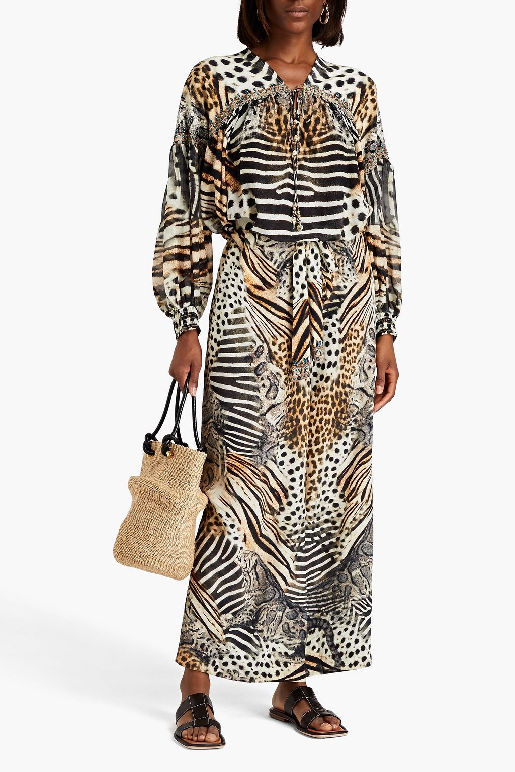 CAMILLA Embellished printed silk crepe de chine wide-leg pants