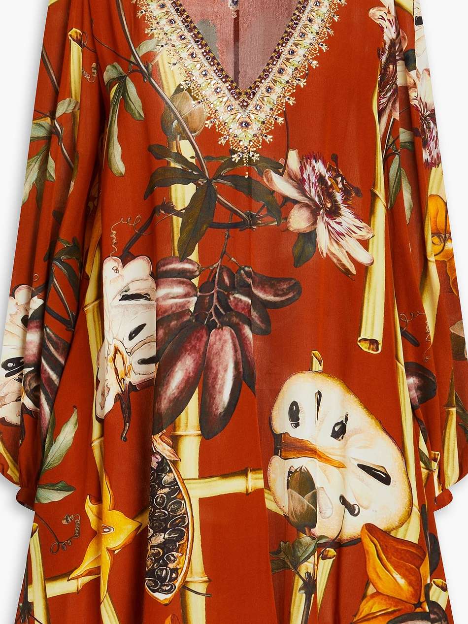 embellished printed silk crepe de chine mini dress