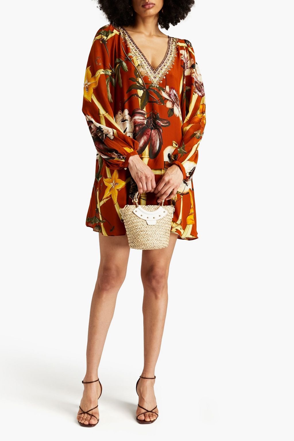 CAMILLA Embellished printed silk crepe de chine mini dress