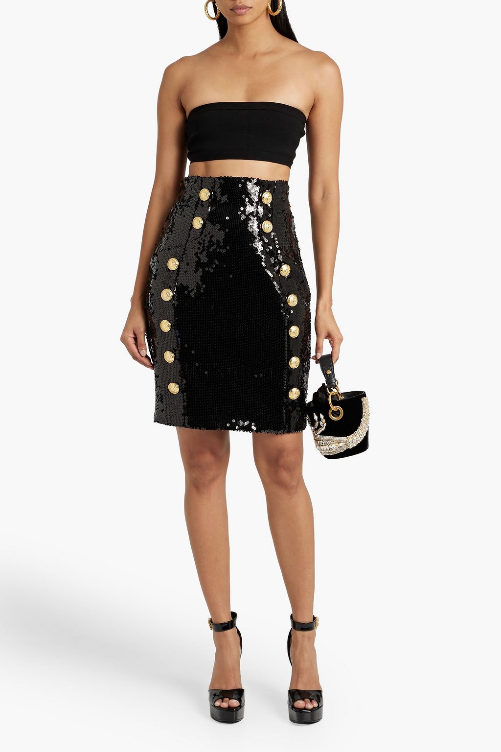 BALMAIN Button-embellished sequined tulle skirt