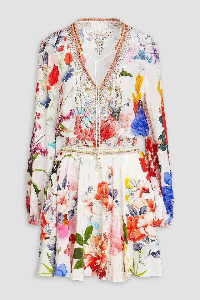 Embellished floral-print silk crepe de chine mini dress