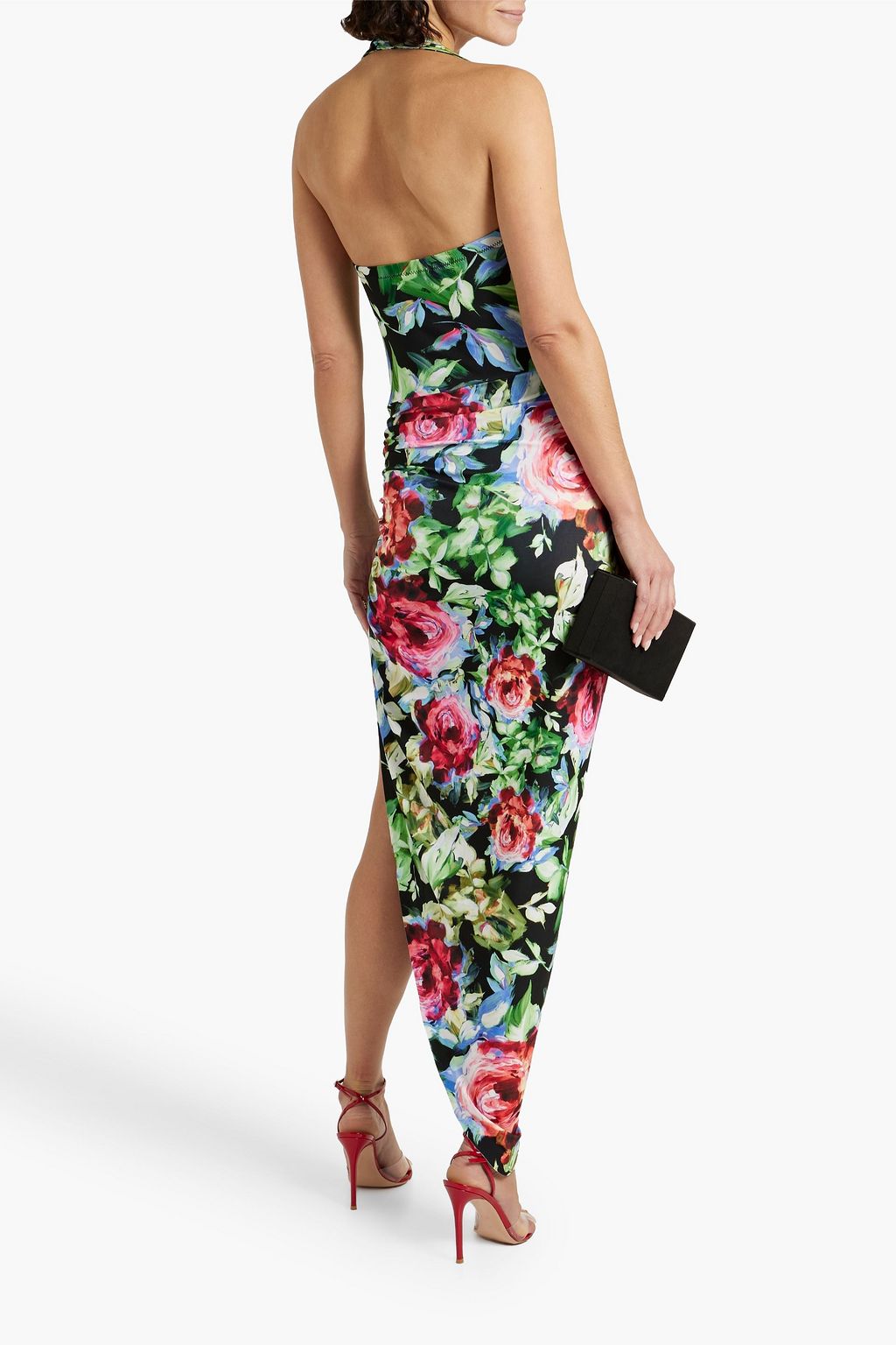 NORMA KAMALI Cayla ruched floral-print stretch-jersey halterneck maxi dress