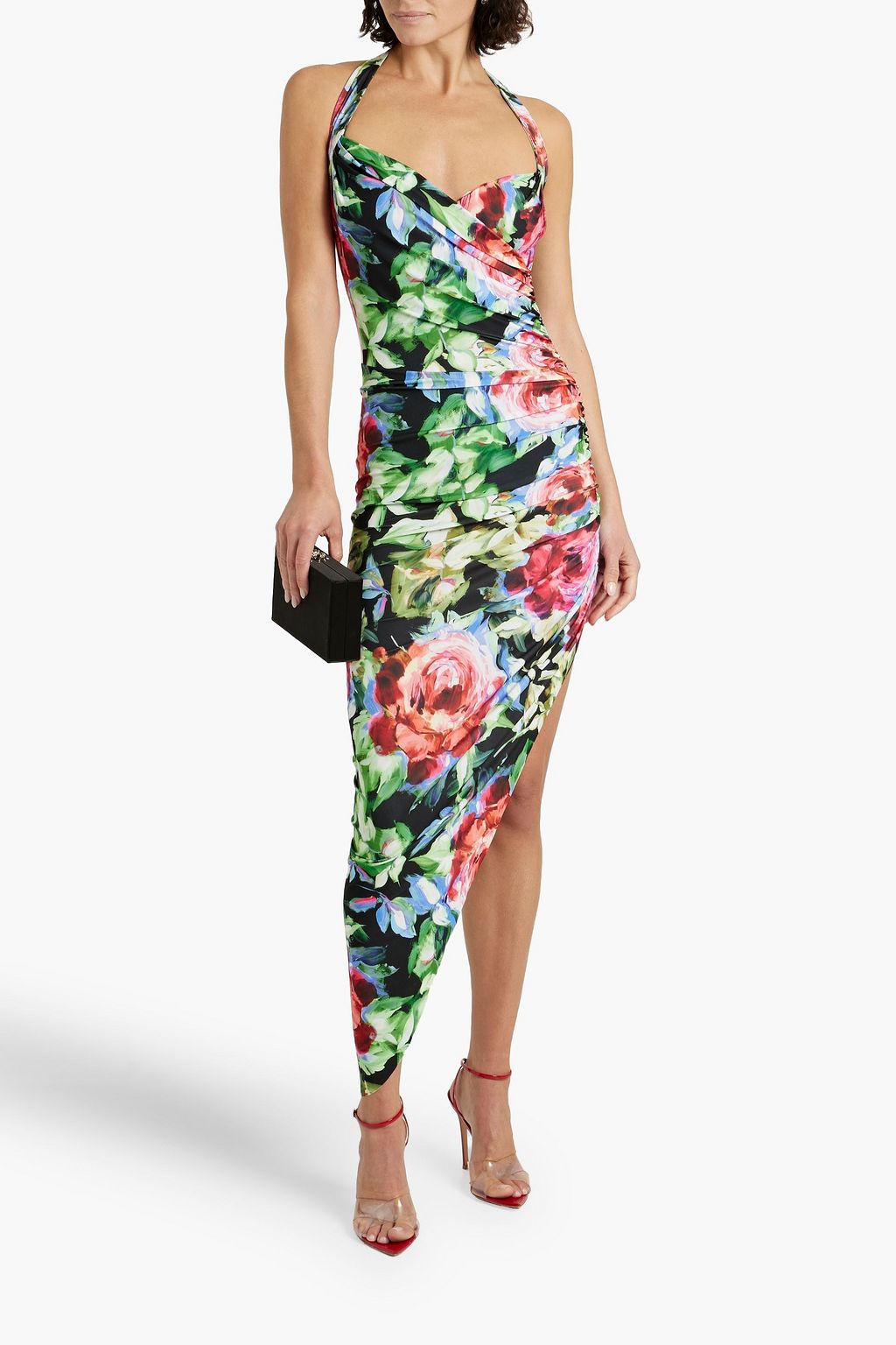 NORMA KAMALI Cayla ruched floral-print stretch-jersey halterneck maxi dress