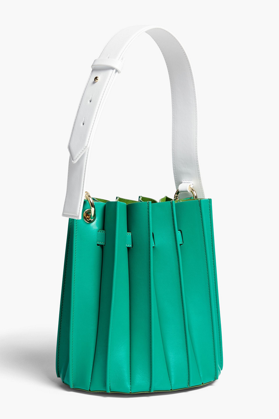 Shop Sara Battaglia Two-tone Plissé-leather Bucket Bag In Green