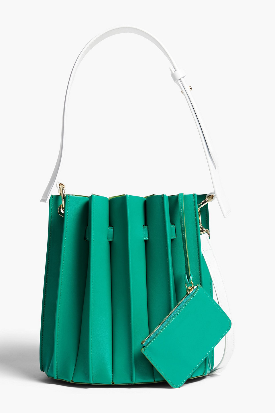 Shop Sara Battaglia Two-tone Plissé-leather Bucket Bag In Green